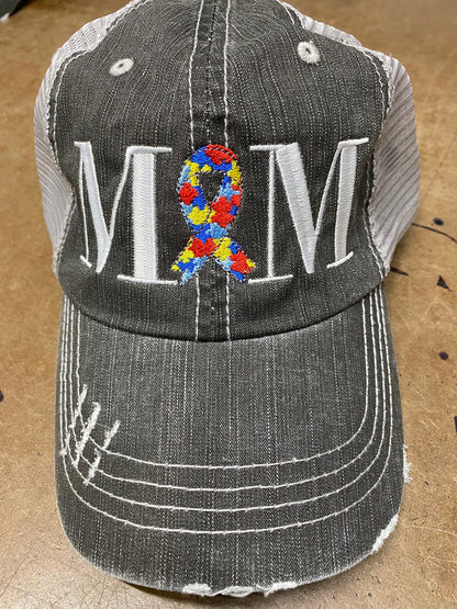 Autism Mom or Dad Ribbon Puzzle Pieces Embroidered Cap