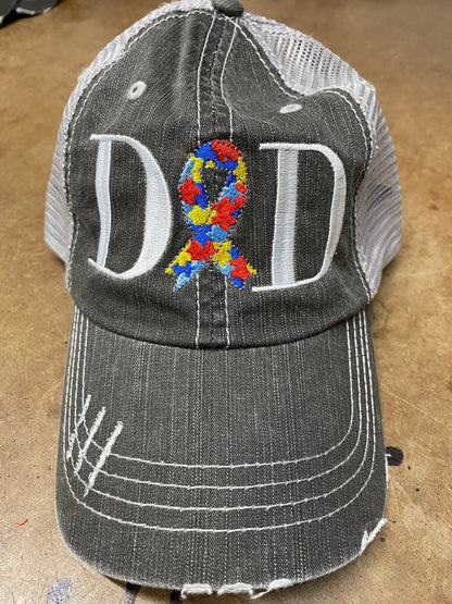 Autism Mom or Dad Ribbon Puzzle Pieces Embroidered Cap