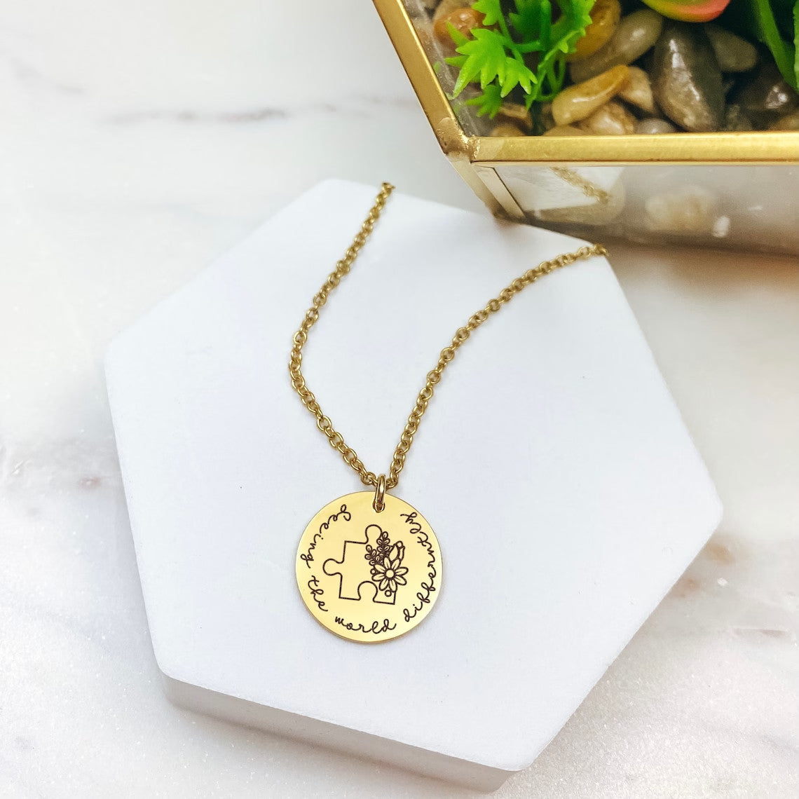 Autism Necklace: Seeing The World Differently Necklace 14k Gold Plated Stainless Steel Handmade Jewelry