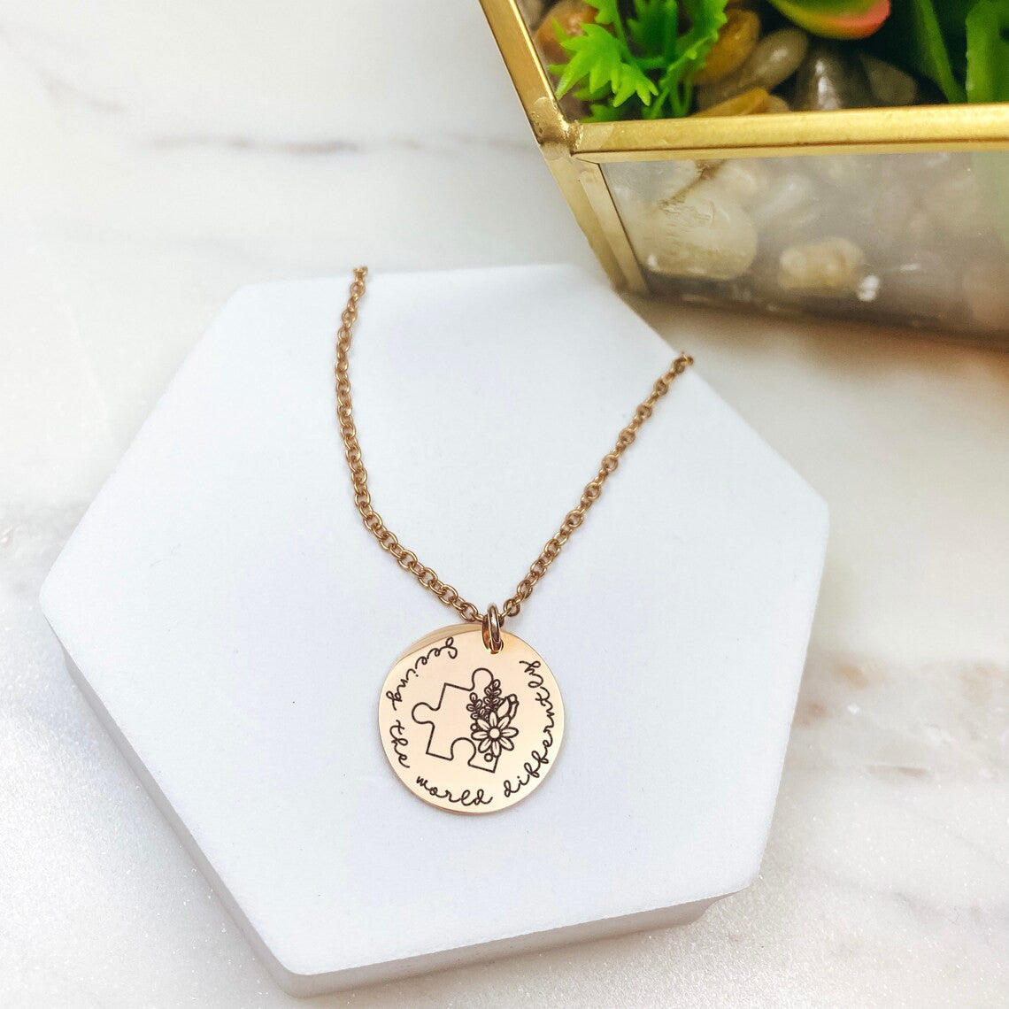 Autism Necklace: Seeing The World Differently Necklace 14k Gold Plated Stainless Steel Handmade Jewelry