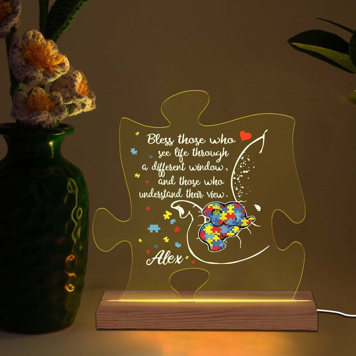 Personalized Autism Mom 3D Multicolor Led Light Wooden Base, Custom Name Autism Puzzle Piece Night Light, Autism Awareness Lamp, Autism Gift