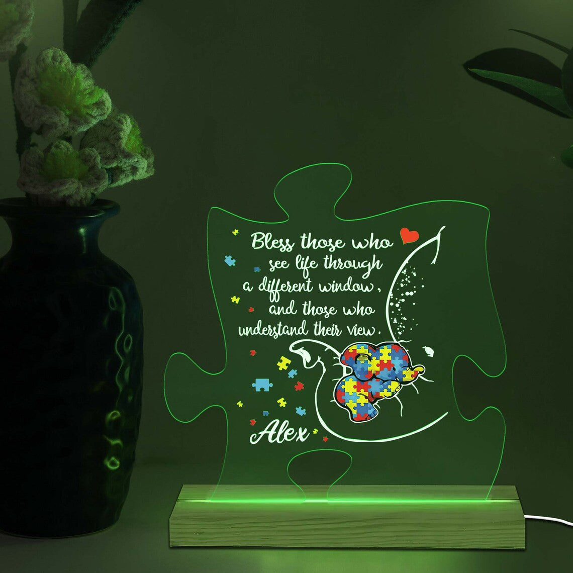 Personalized Autism Mom 3D Multicolor Led Light Wooden Base, Custom Name Autism Puzzle Piece Night Light, Autism Awareness Lamp, Autism Gift