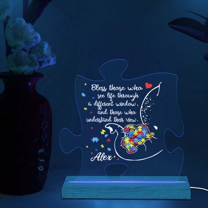 Personalized Autism Mom 3D Multicolor Led Light Wooden Base, Custom Name Autism Puzzle Piece Night Light, Autism Awareness Lamp, Autism Gift