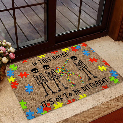 In This House It's Ok To Be Different Skeleton Autism Awareness Doormat Autism