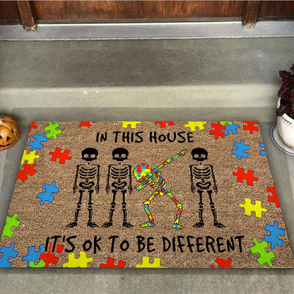 In This House It's Ok To Be Different Skeleton Autism Awareness Doormat Autism