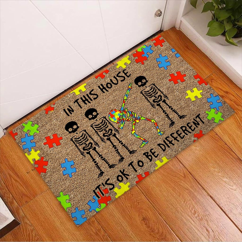 In This House It's Ok To Be Different Skeleton Autism Awareness Doormat Autism