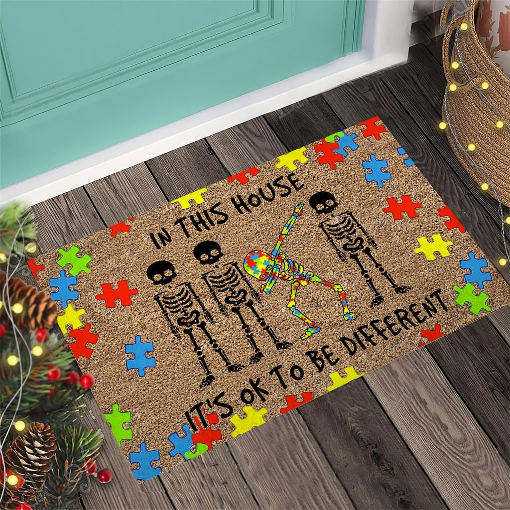 In This House It's Ok To Be Different Skeleton Autism Awareness Doormat Autism