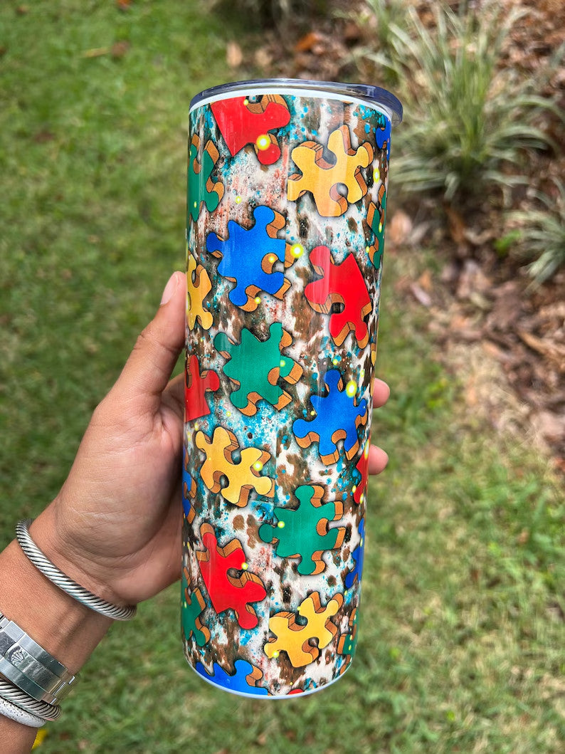 Autism Mom Tumbler Puzzle Pieces Neurodiversity Leopard