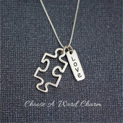 Autism Puzzle Piece and Inspirational Word Charm Sterling Silver Necklace