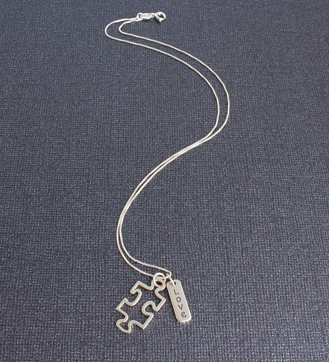 Autism Puzzle Piece and Inspirational Word Charm Sterling Silver Necklace