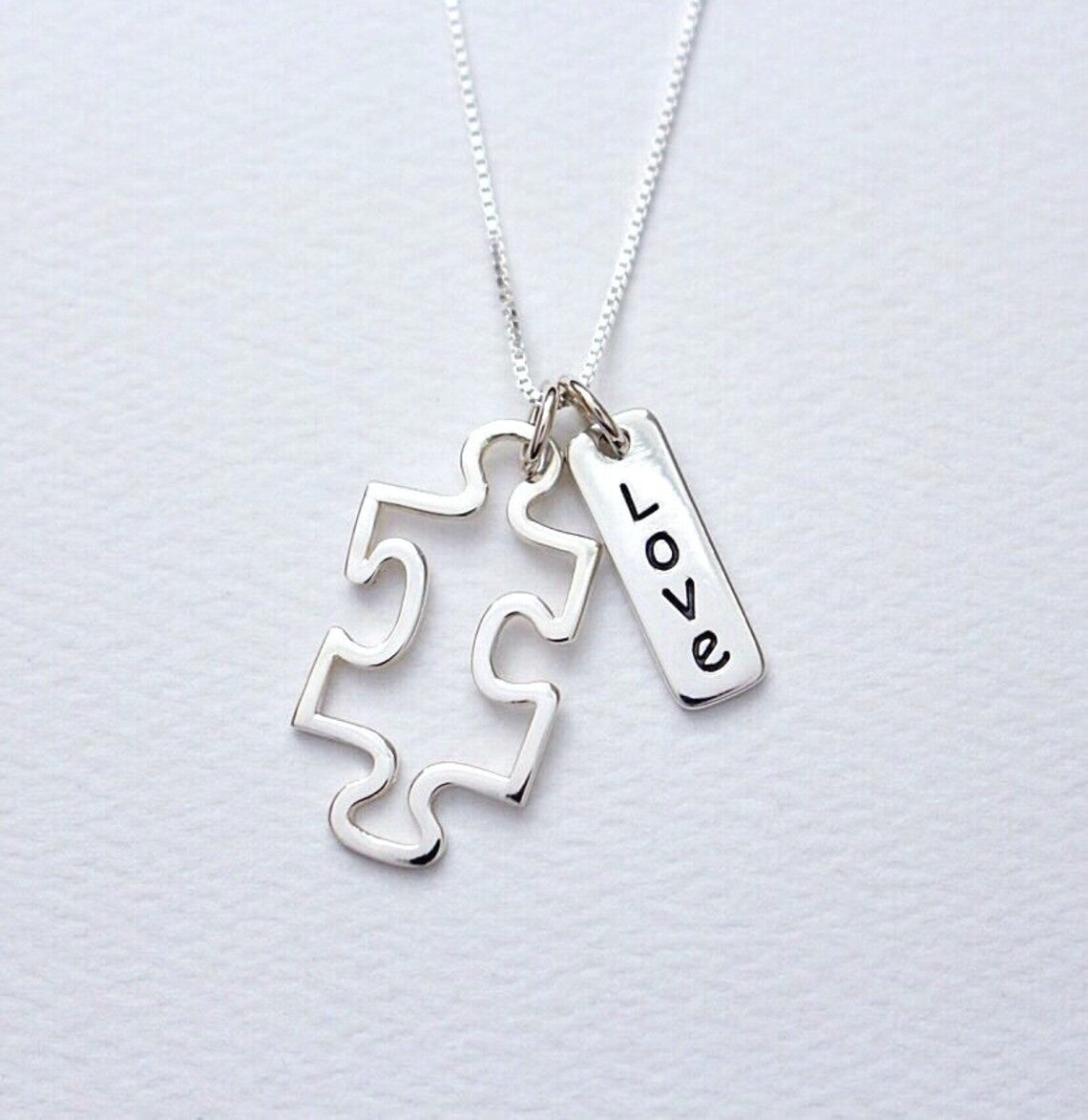 Autism Puzzle Piece and Inspirational Word Charm Sterling Silver Necklace