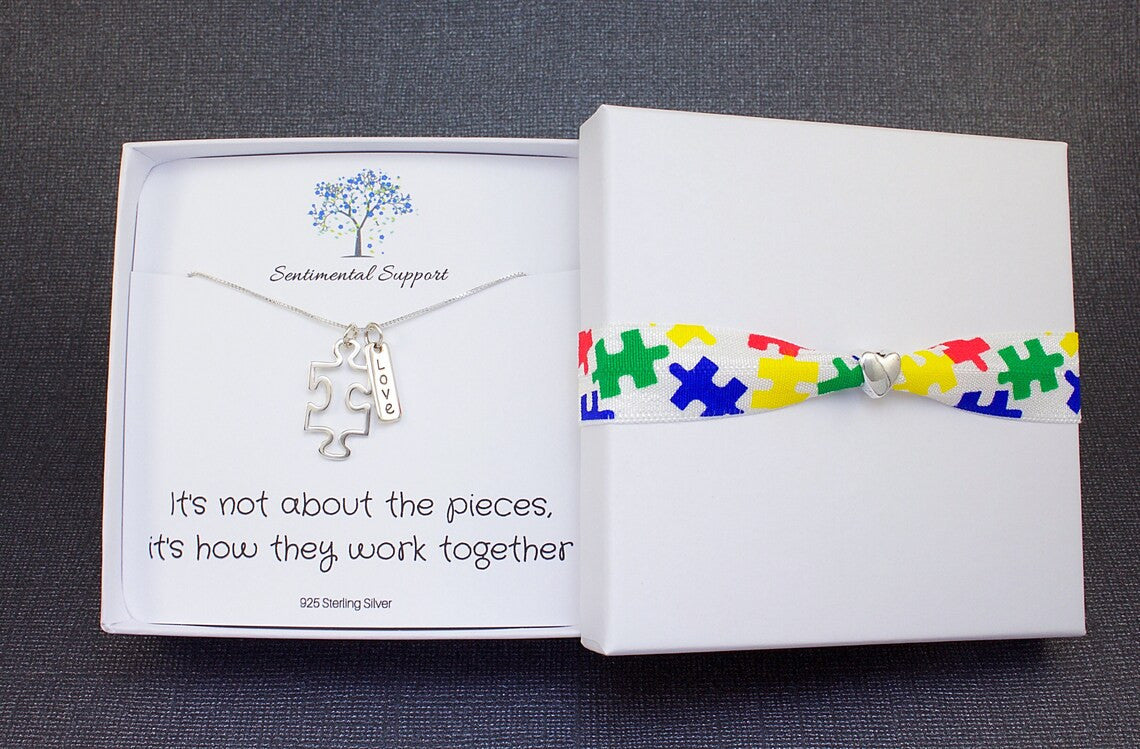 Autism Puzzle Piece and Inspirational Word Charm Sterling Silver Necklace