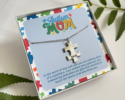 Autism Awareness, Puzzle Pendant Necklace, Autism Mom Gift, Name Necklace, Personalized Jewelry for Mom, Christmas Gift, Stocking Stuffer