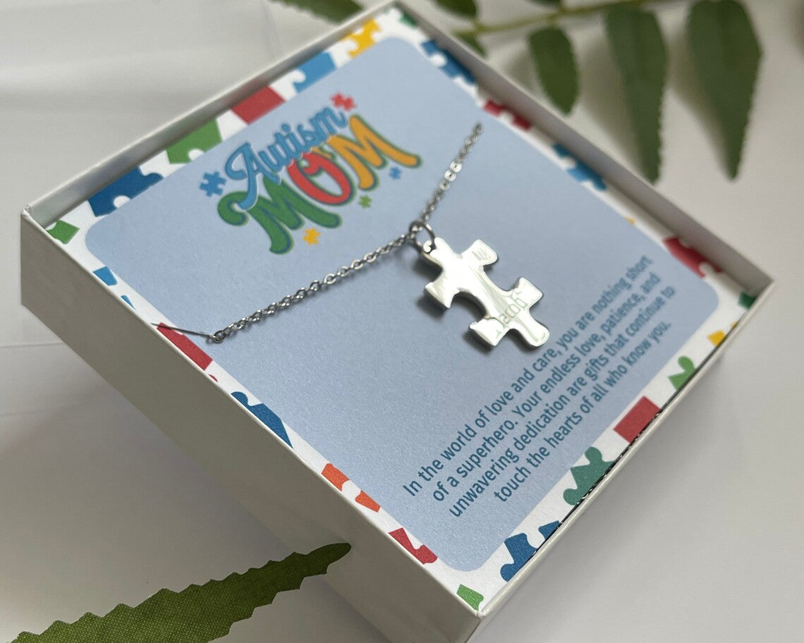 Autism Awareness, Puzzle Pendant Necklace, Autism Mom Gift, Name Necklace, Personalized Jewelry for Mom, Christmas Gift, Stocking Stuffer