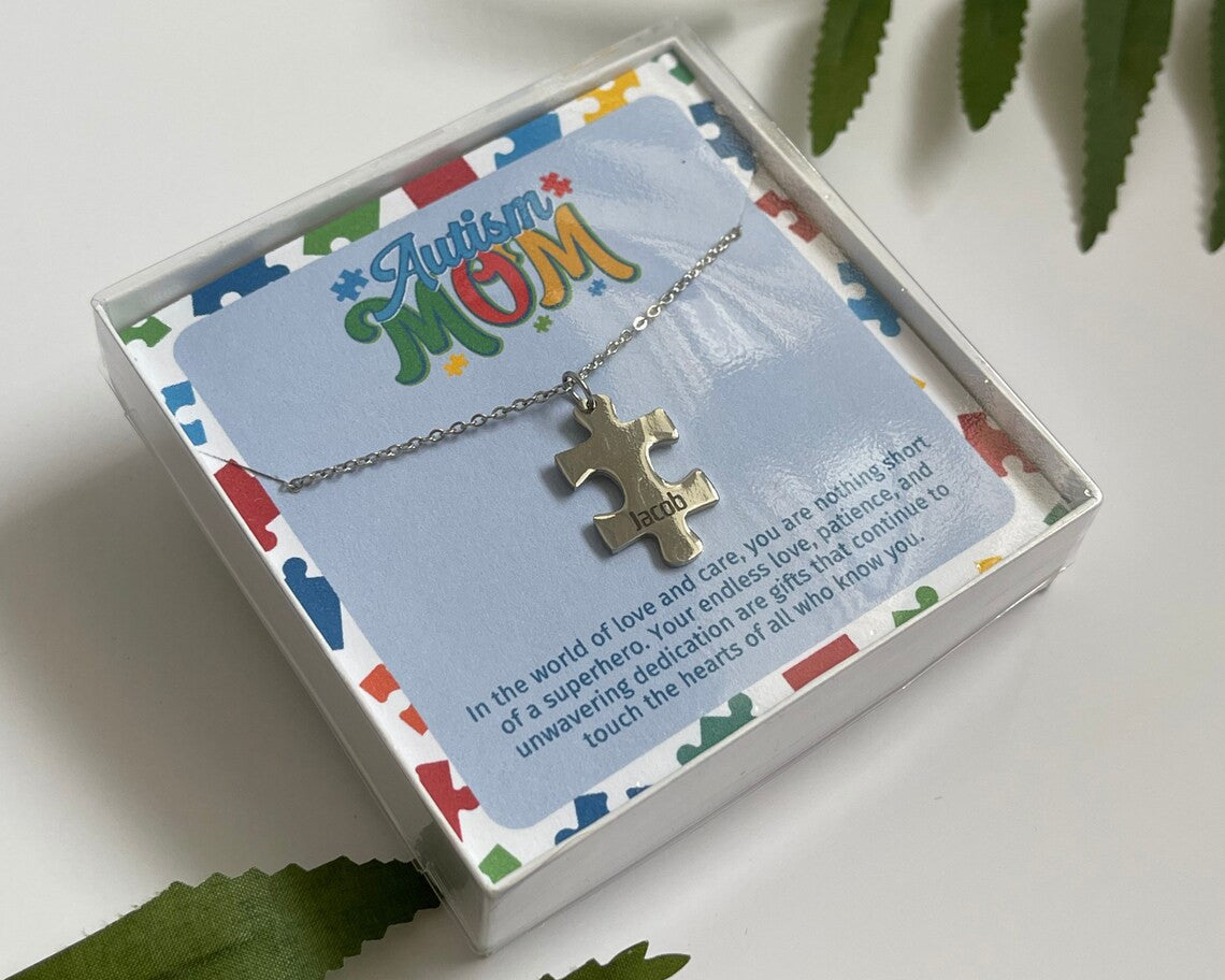 Autism Awareness, Puzzle Pendant Necklace, Autism Mom Gift, Name Necklace, Personalized Jewelry for Mom, Christmas Gift, Stocking Stuffer