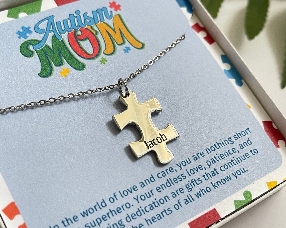 Autism Awareness, Puzzle Pendant Necklace, Autism Mom Gift, Name Necklace, Personalized Jewelry for Mom, Christmas Gift, Stocking Stuffer