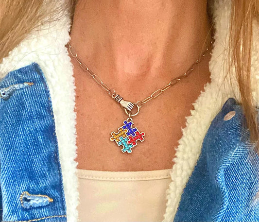 Autism Puzzle Piece Crystal Hand Holding Awareness Necklace You Select Chain Length