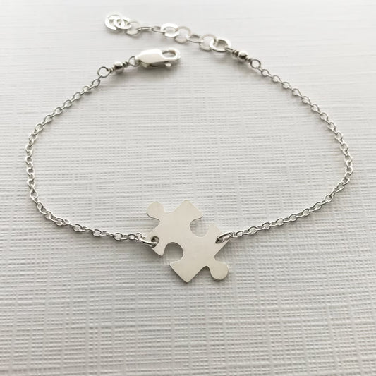 Sterling Silver Puzzle Piece Bracelet, Adjustable Jigsaw Bracelet, Autism Awareness Bracelet