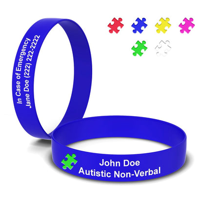 Handcrafted Autism Medical Bracelet with Puzzle Piece - Unique Jewelry for Awareness and Support - Custom Engraved and Silicone Color Filled