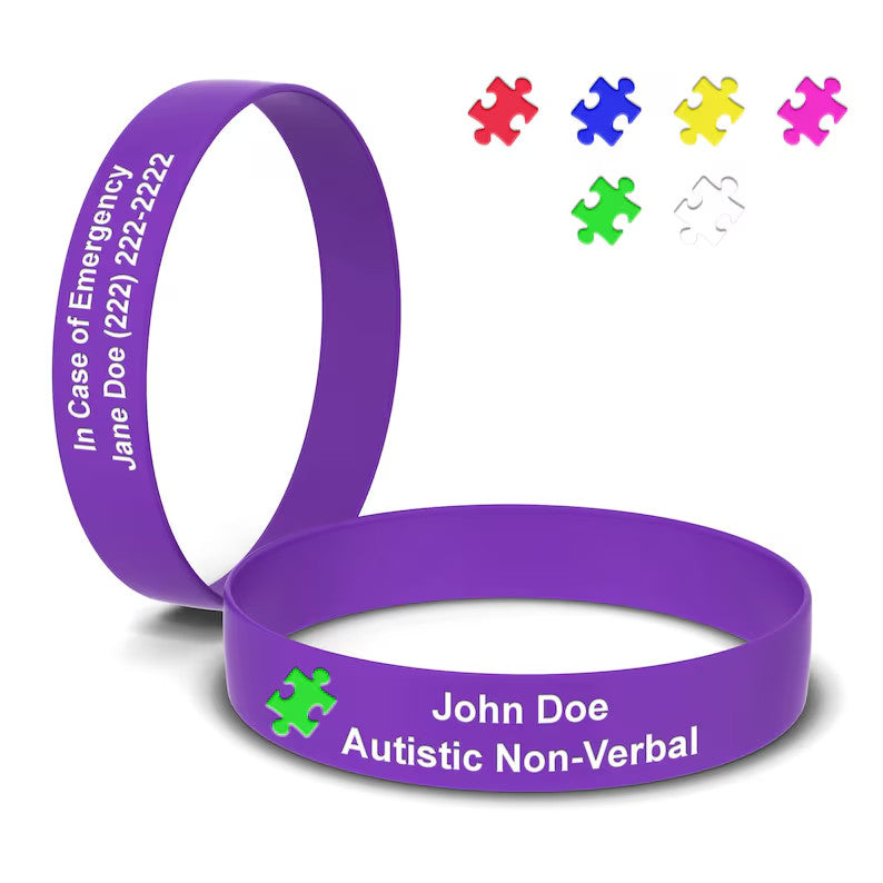 Handcrafted Autism Medical Bracelet with Puzzle Piece - Unique Jewelry for Awareness and Support - Custom Engraved and Silicone Color Filled