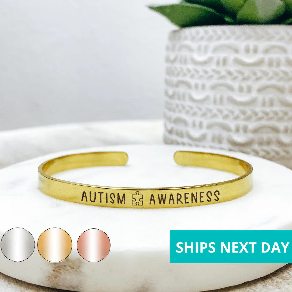 Autism Awareness Cuff Bracelet 14k Gold Plated Stainless Steel Medical Bracelet Handmade Jewelry