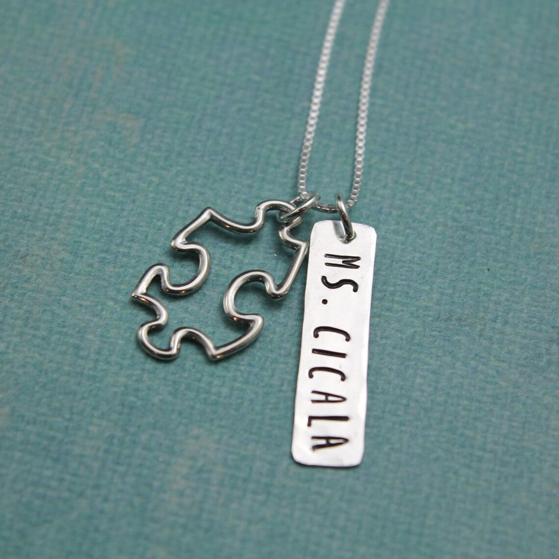 Teacher Autism Awareness Necklace Personalized Hand Stamped Necklace Puzzle Piece Necklace