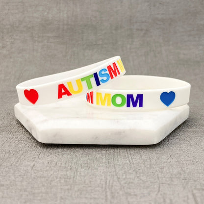 Autism Mom Wristband Aspergers Autistic Love Awareness Silicone Bracelet Band White Rainbow Heart Womens Parent Gift