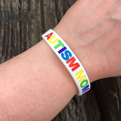 Autism Mom Wristband Aspergers Autistic Love Awareness Silicone Bracelet Band White Rainbow Heart Womens Parent Gift