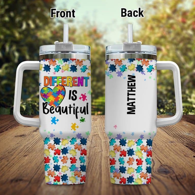 Personalized Tumbler Autism Different Is Beautiful 40Oz Tumbler with Handle – Autism Awareness Tumbler Mug for Autistic People