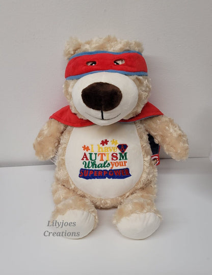 Superhero Autism Bear Personalised Embroidered Teddy Bear, Soft Toy, New Baby Keepsake Gift