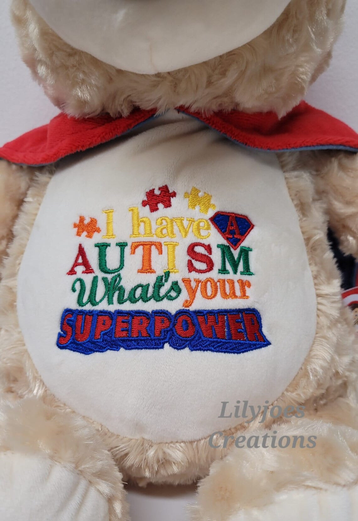 Superhero Autism Bear Personalised Embroidered Teddy Bear, Soft Toy, New Baby Keepsake Gift