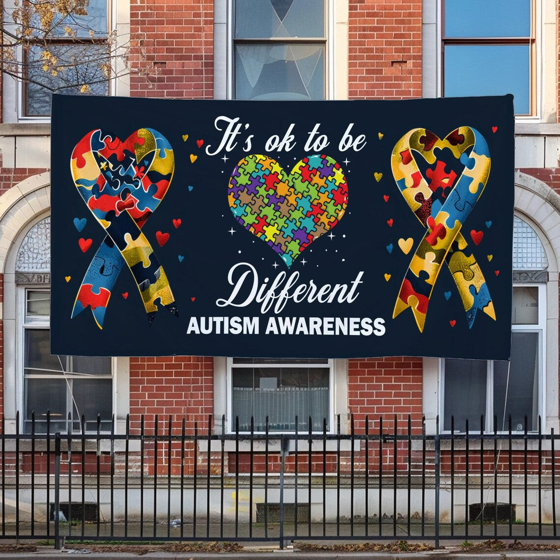 Autism Awareness Banner, Love Needs No Words, Puzzle Piece Love Heart Support Autism Awareness Banner