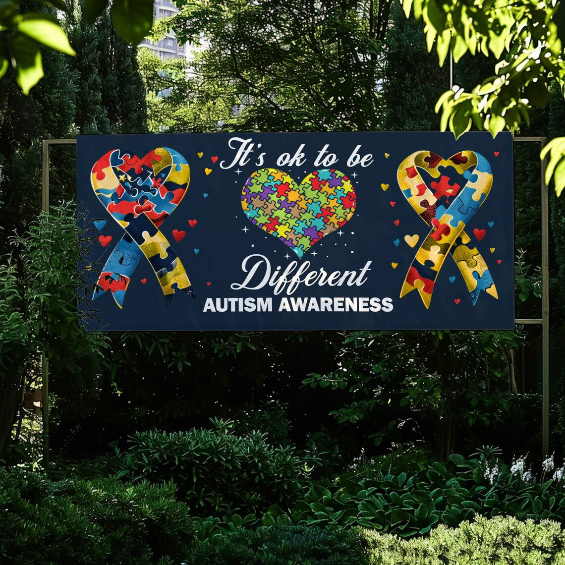 Autism Awareness Banner, Love Needs No Words, Puzzle Piece Love Heart Support Autism Awareness Banner