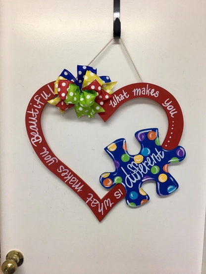 “What makes you different is what makes you beautiful!” Autism Sign, Door Hanger, Wall Decor, Personalized Gifts, Wreath, Welcome Sign, Puzzles