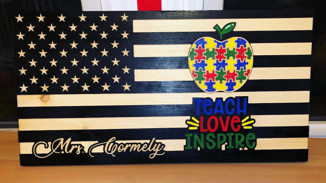 Handmade Wooden American Flag with Engraving - Support Teachers of Autistic Kids - Patriotic Wall Decor for Education