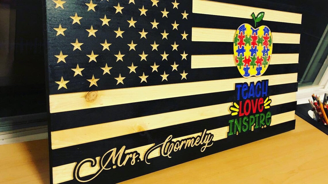 Handmade Wooden American Flag with Engraving - Support Teachers of Autistic Kids - Patriotic Wall Decor for Education