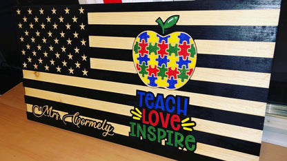 Handmade Wooden American Flag with Engraving - Support Teachers of Autistic Kids - Patriotic Wall Decor for Education