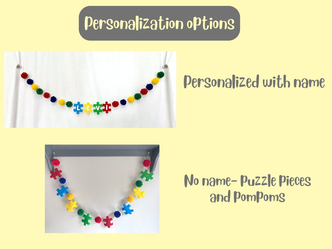 Autism Awareness, Personalized Autism Decor, Personalized Pompom Garland, Rainbow Pompom Garland, Over the Crib Decor, Classroom Wall Decor