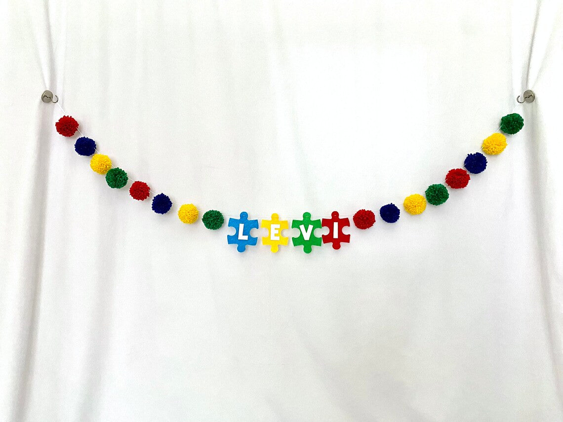 Autism Awareness, Personalized Autism Decor, Personalized Pompom Garland, Rainbow Pompom Garland, Over the Crib Decor, Classroom Wall Decor