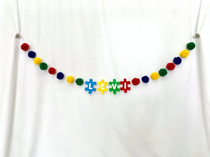 Autism Awareness, Personalized Autism Decor, Personalized Pompom Garland, Rainbow Pompom Garland, Over the Crib Decor, Classroom Wall Decor