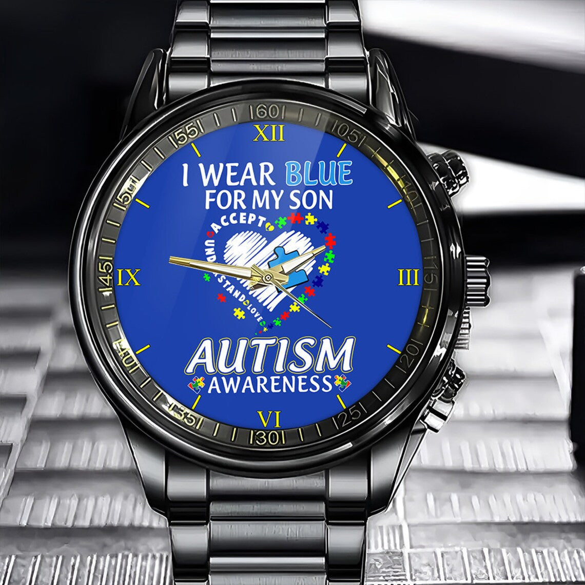 Personalized Autism Awareness Watch, I Wear Blue For My Son, Grandson, Daughter, Autism Dad Gift, Autism Puzzle Watch