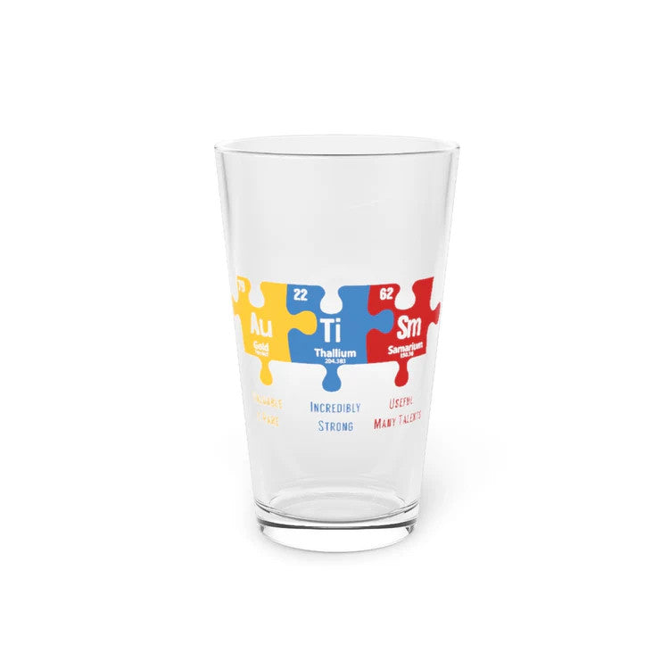 Beer Glass Pint 16oz Autism Awareness Puzzle Periodic Elements Autistic Behavior