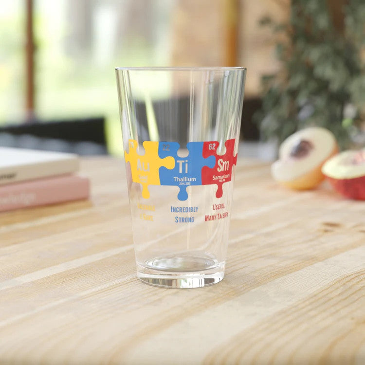 Beer Glass Pint 16oz Autism Awareness Puzzle Periodic Elements Autistic Behavior