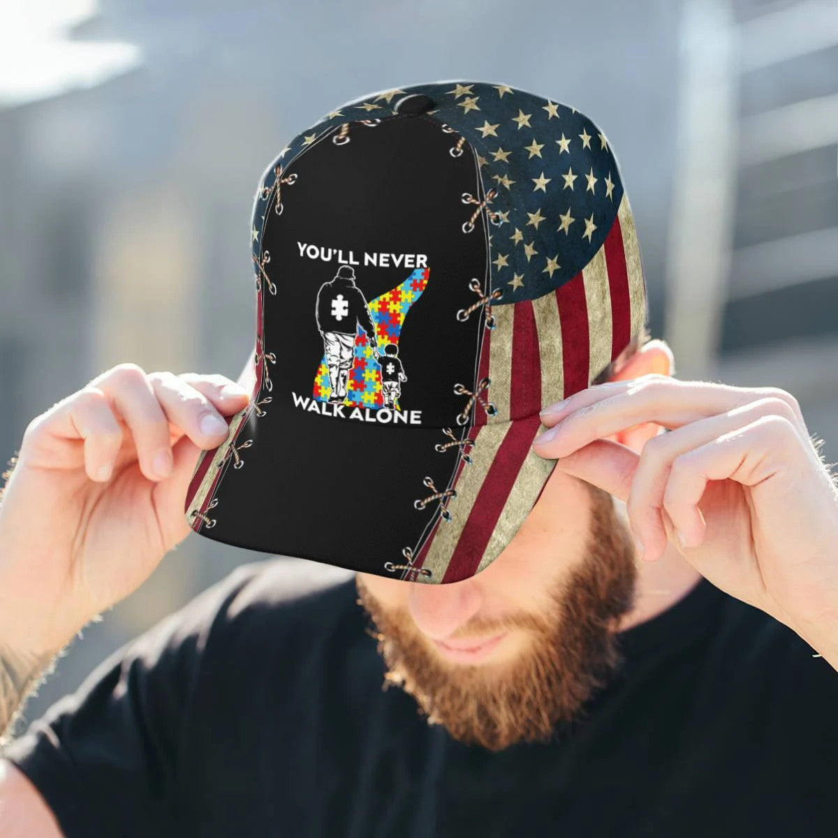 Autism American Flag You Will Never Walk Alone Autism Awareness Baseball Cap