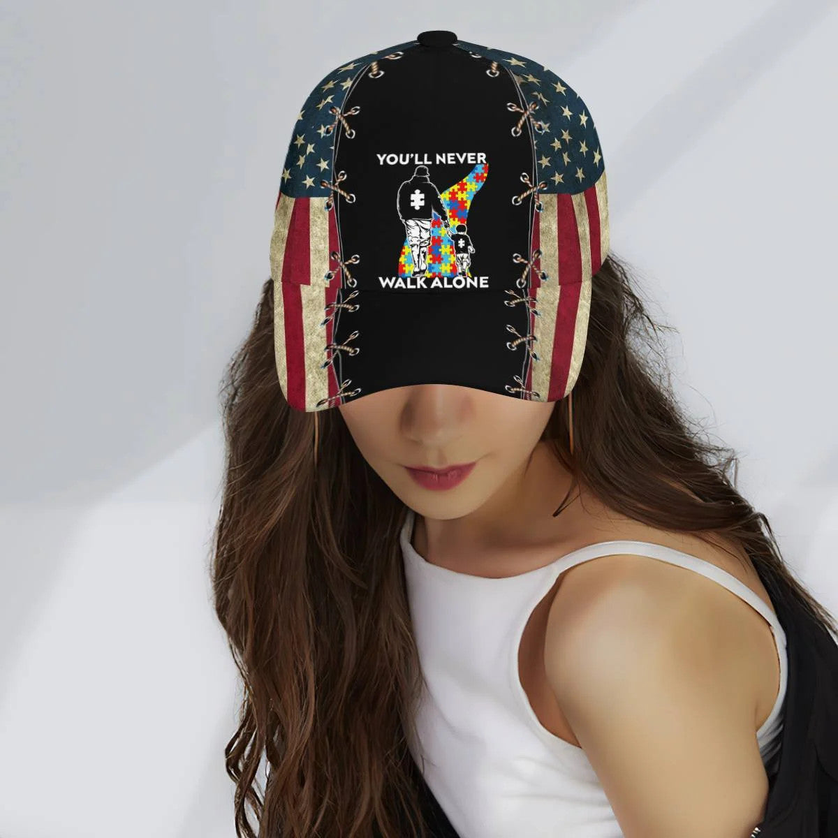 Autism American Flag You Will Never Walk Alone Autism Awareness Baseball Cap