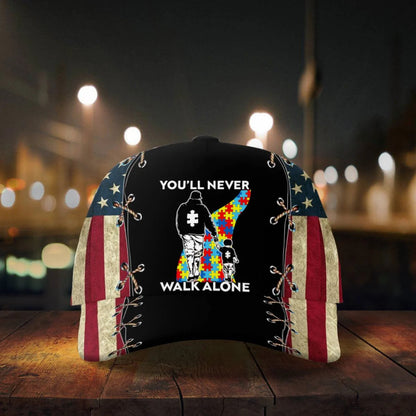 Autism American Flag You Will Never Walk Alone Autism Awareness Baseball Cap