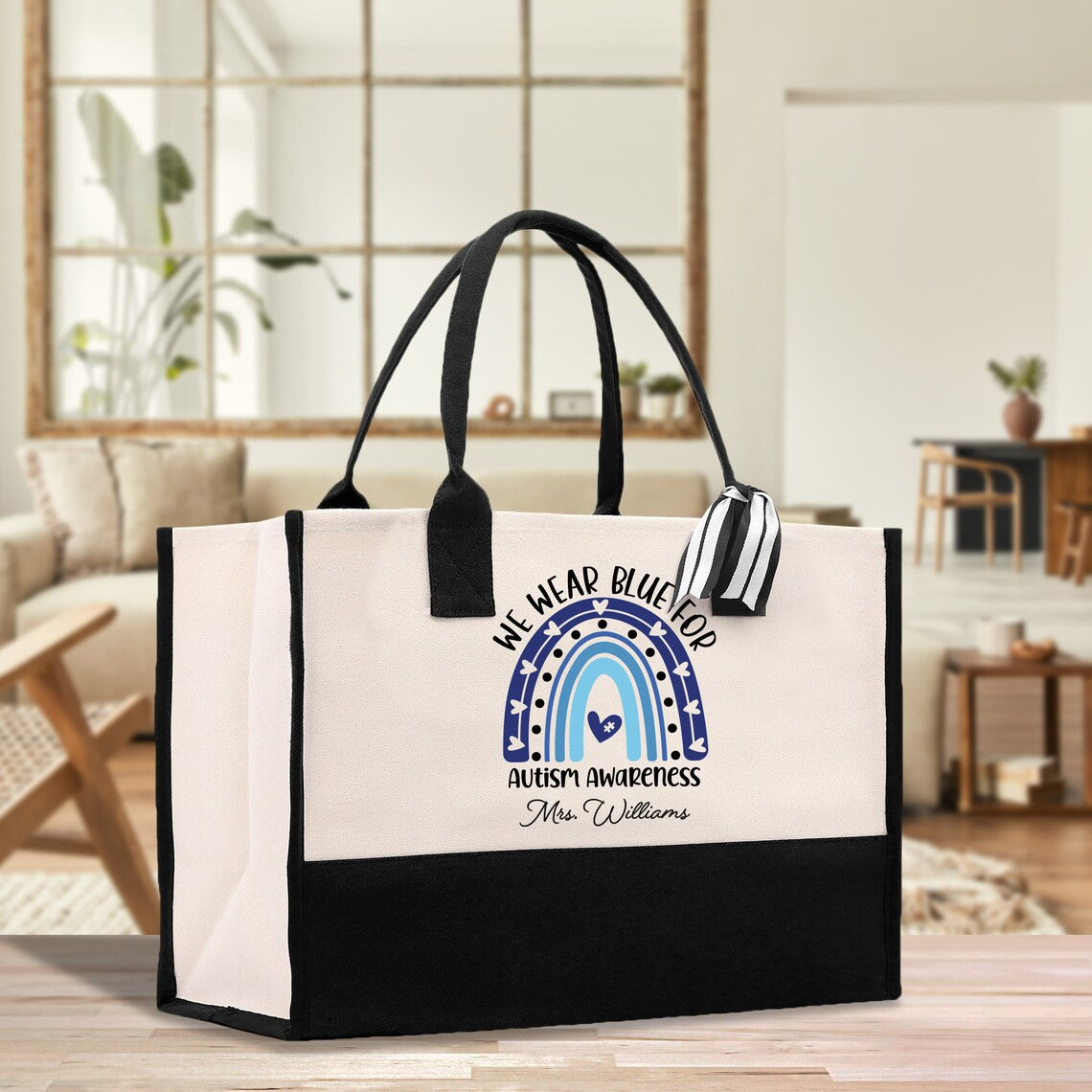 Personalized Autism Teacher Cotton Canvas Tote Bag Custom Name Autism Awareness Tote Bag In April We Wear Blue Autism Educator Gift