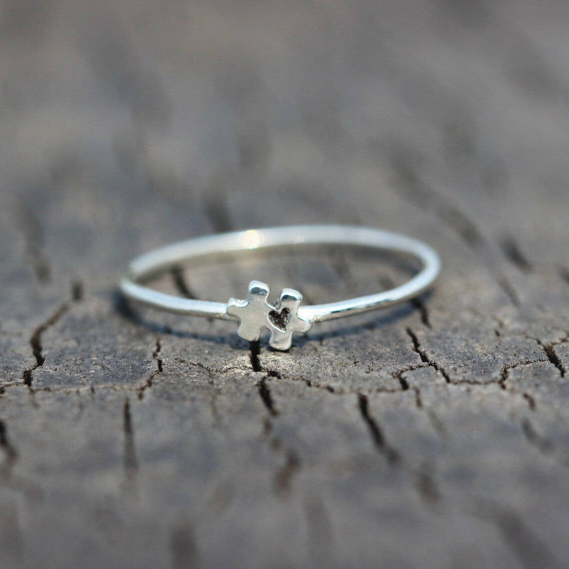 Autism Awareness Silver Dainty Puzzle Ring With Heart