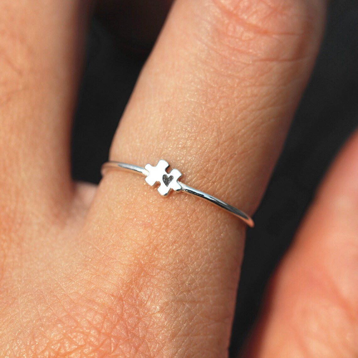 Autism Awareness Silver Dainty Puzzle Ring With Heart