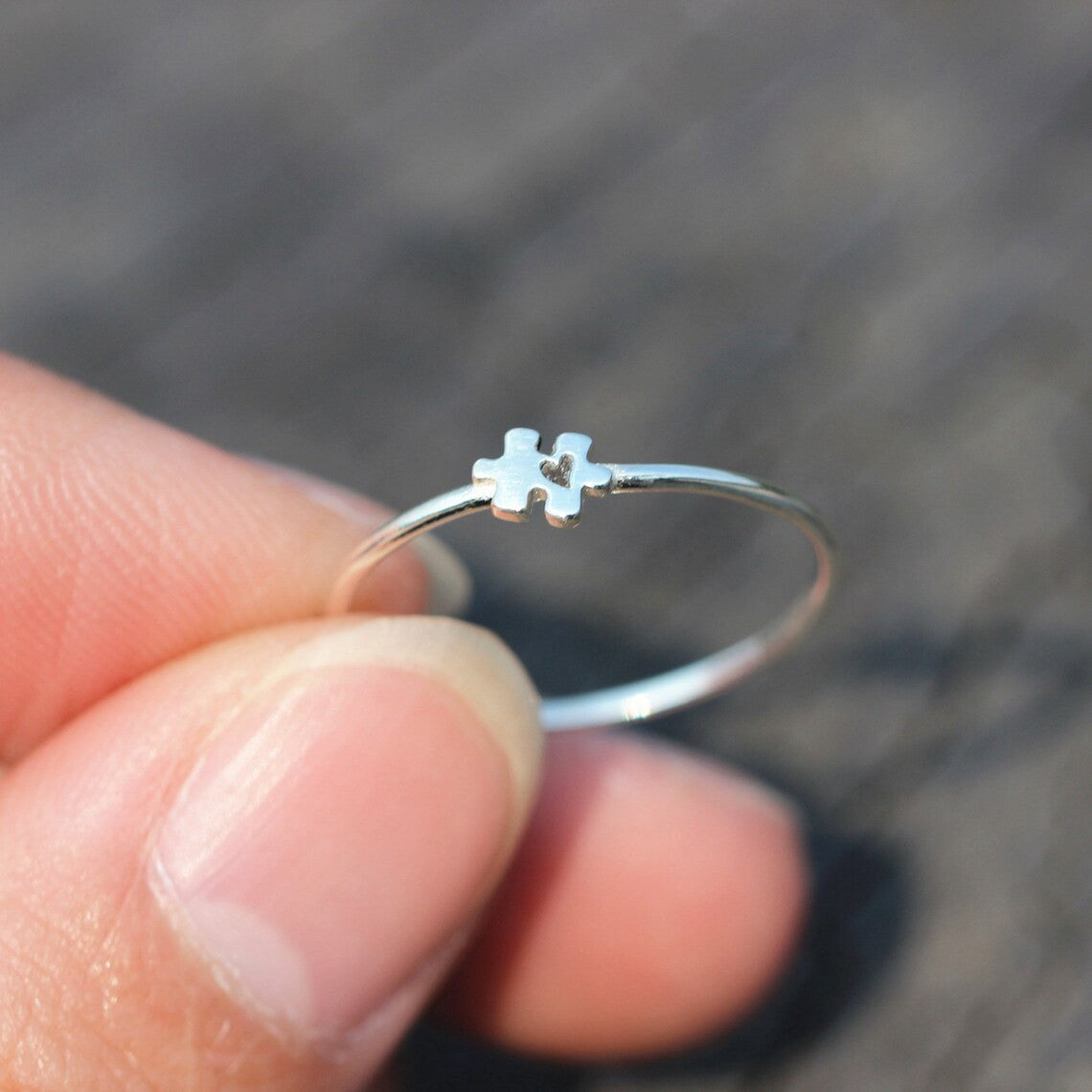 Autism Awareness Silver Dainty Puzzle Ring With Heart